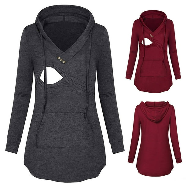 Womens Nursing Hoodie Long Sleeves Sweatshirt Breastfeeding Layered Top Pocket Casual Clothes